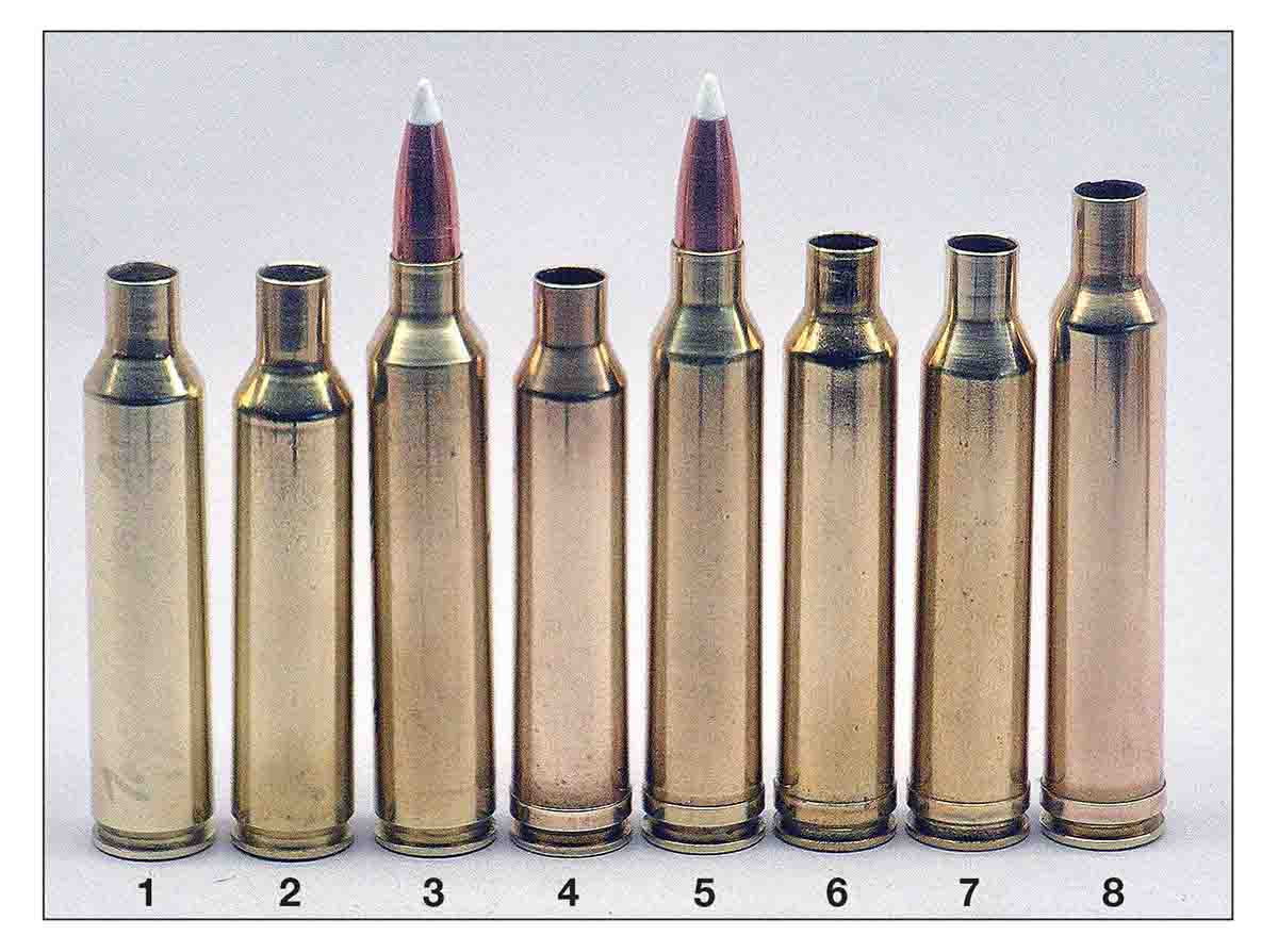 The 7mm Remington Magnum (4) is shown with (1) a 7mm Newton/Ruger, (2) 7mm LRM, (3) 7mm-375 Ruger, (5) 7mm-300 Winchester Magnum, (6) 7mm Practical, (7) 7mm Super Mashburn and (8) 7mm-Mashburn Magnum/Long.